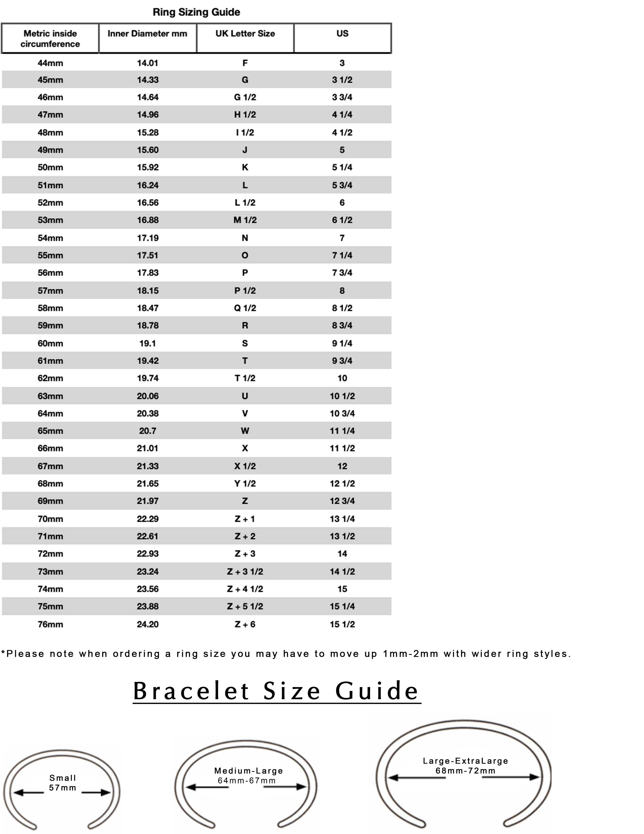 Size guide jewellery